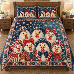 Patriotic Chicken Family Quilt Set – Farmhouse Bedding Gift for Chicken Lovers
