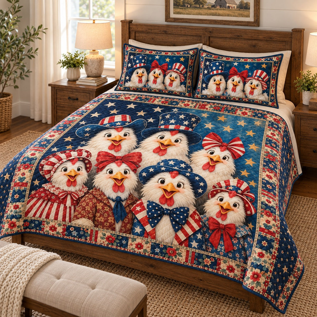 Patriotic chicken family quilt set – left angle