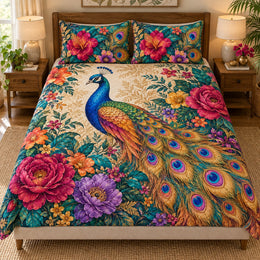 Peacock Floral Quilt Set – Vibrant Garden Bird Lover Bedding Gift