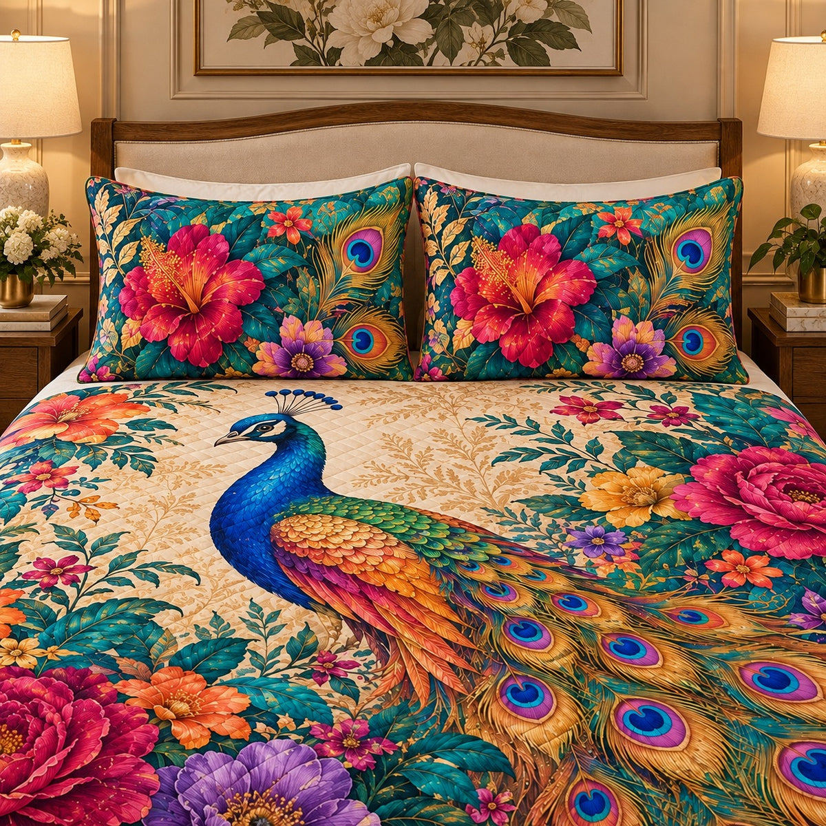 Peacock floral quilt set – right angle