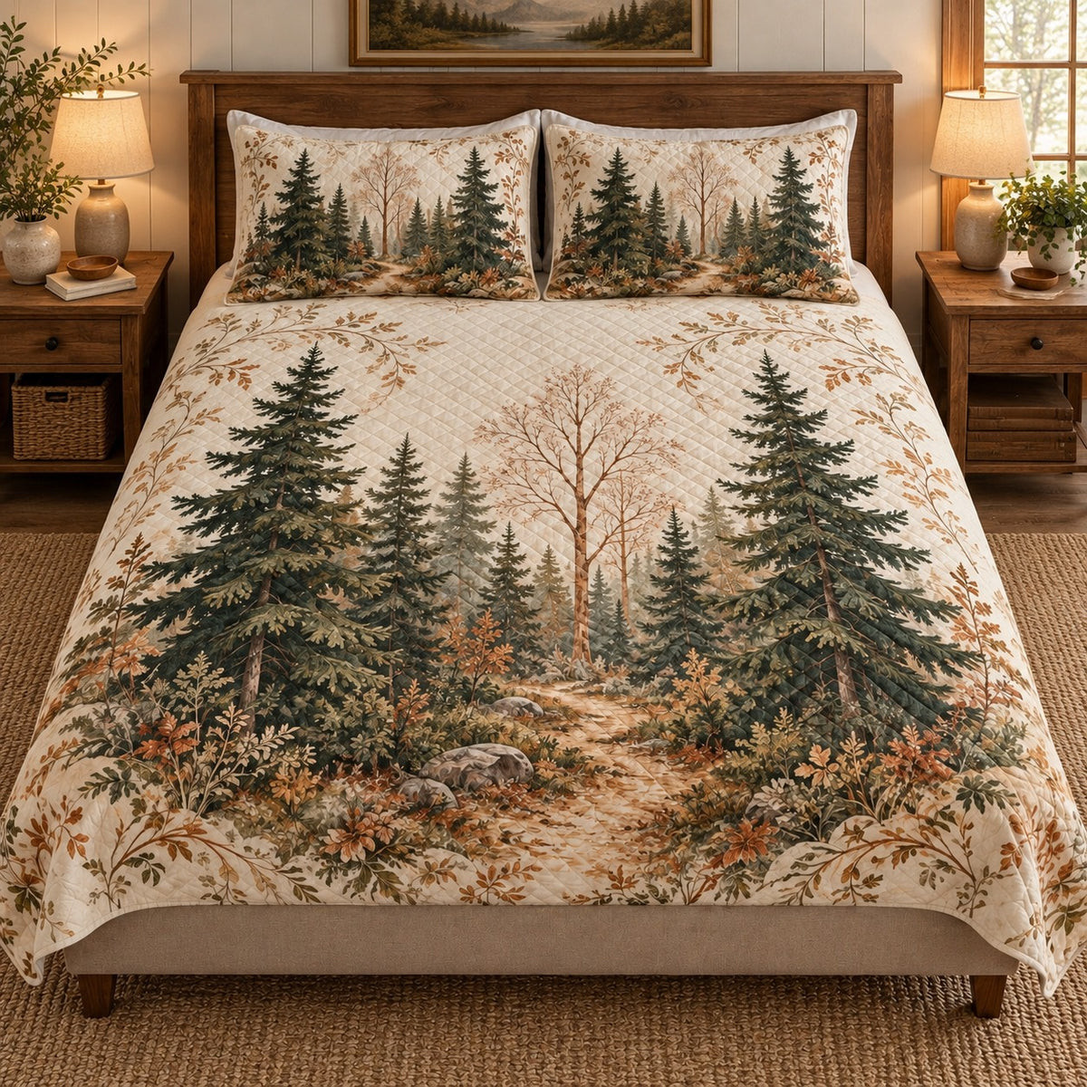 Pine forest path quilt set – alternate front bedroom view