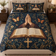 Prayer Hands Bible Quilt Set – Navy Christian Bedding Gift for Faith Lovers