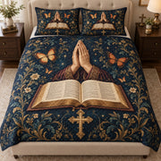 Front view of prayer hands bible quilt set navy christian bedding gift for faith lovers with diamond stitching
