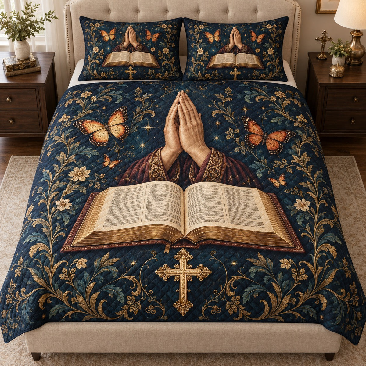 Front view of prayer hands bible quilt set navy christian bedding gift for faith lovers with diamond stitching