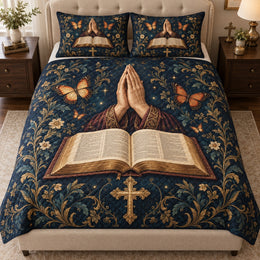 Prayer Hands Bible Quilt Set – Navy Christian Bedding Gift for Faith Lovers