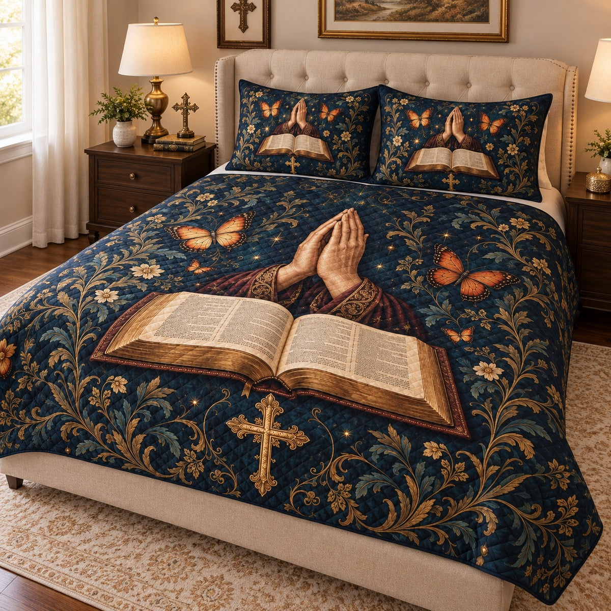 Alternate view of prayer hands bible quilt set navy christian bedding gift for faith lovers with diamond stitching