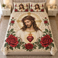 Sacred Heart Jesus Quilt Set – Red Rose Christian Bedding Gift for Faithful Loved Ones