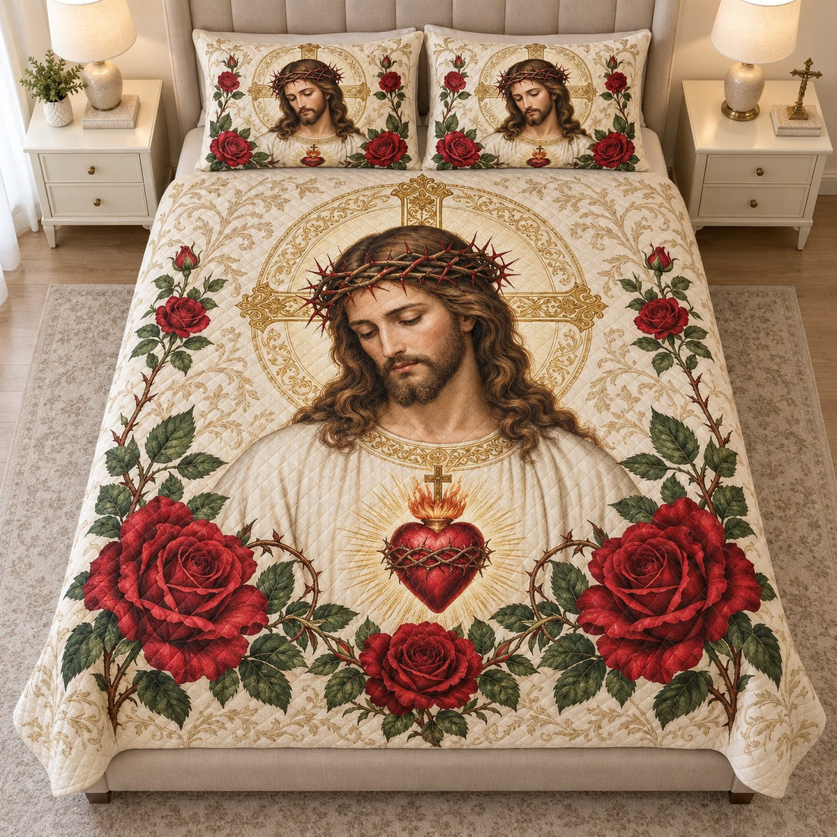 Front view of Sacred Heart Jesus quilt set with red roses and diamond stitching