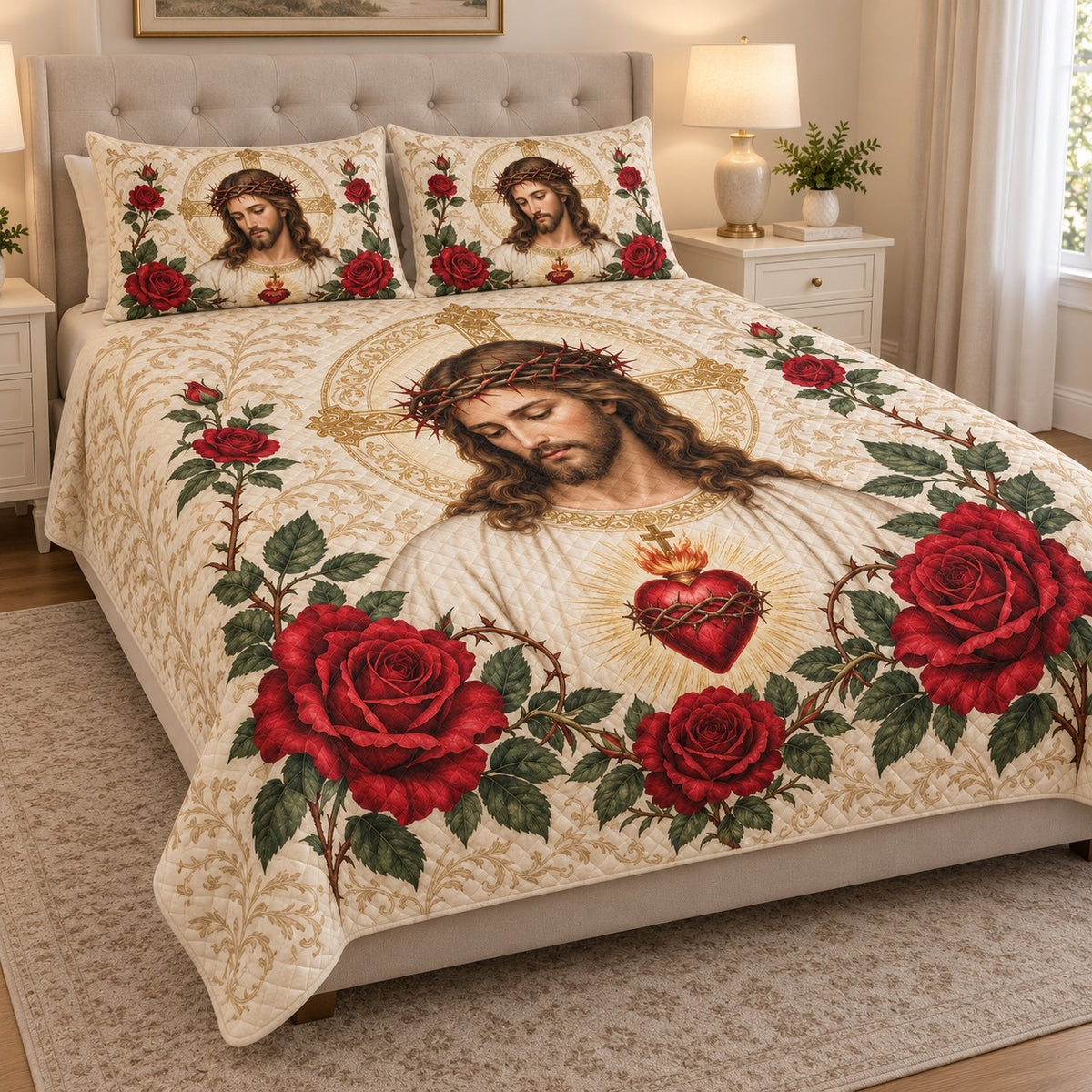 Angled view of Sacred Heart Jesus quilt set with matching portrait shams