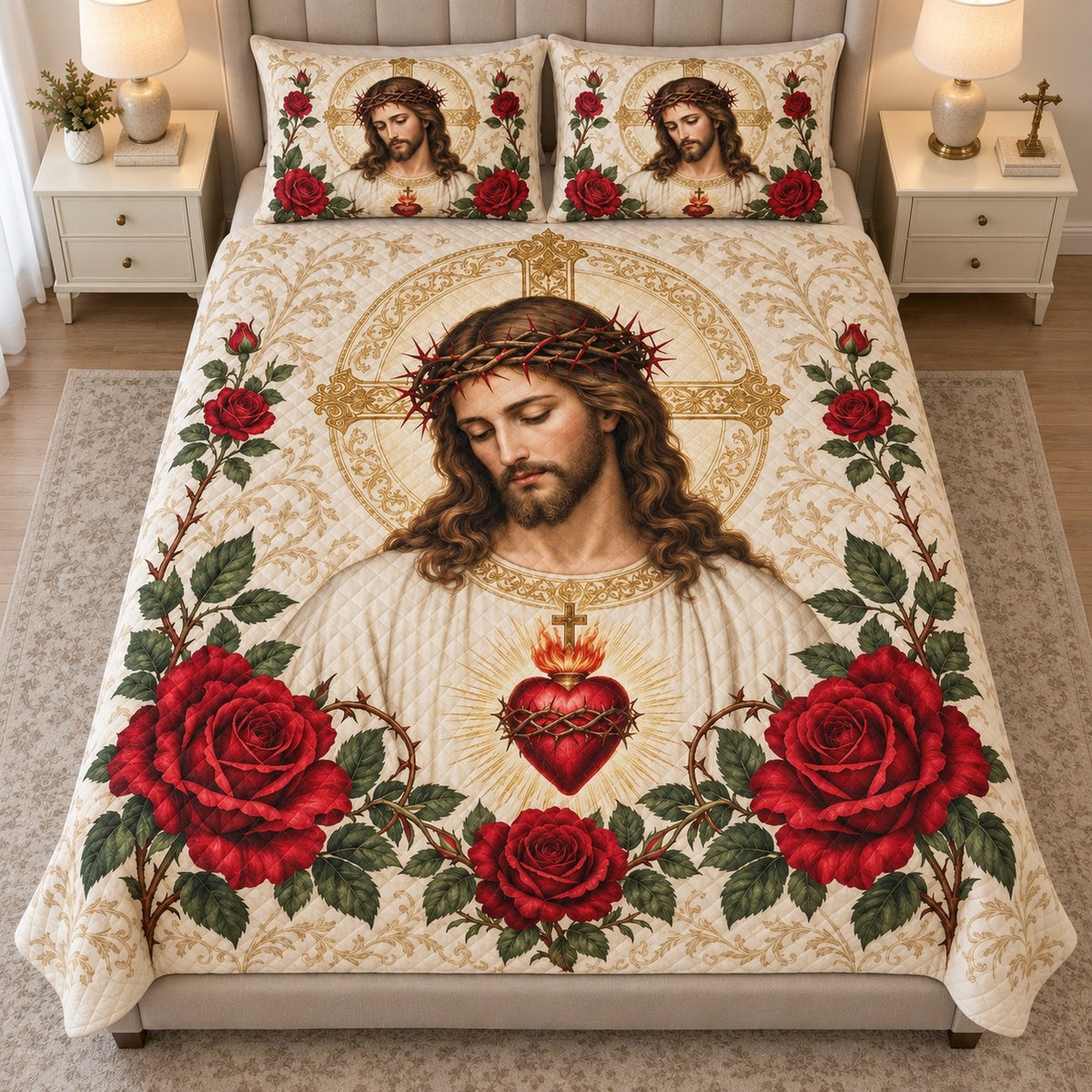 Alternate front view of Sacred Heart Jesus quilt set showing cream and rose artwork