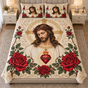 Alternate front view of Sacred Heart Jesus quilt set showing cream and rose artwork
