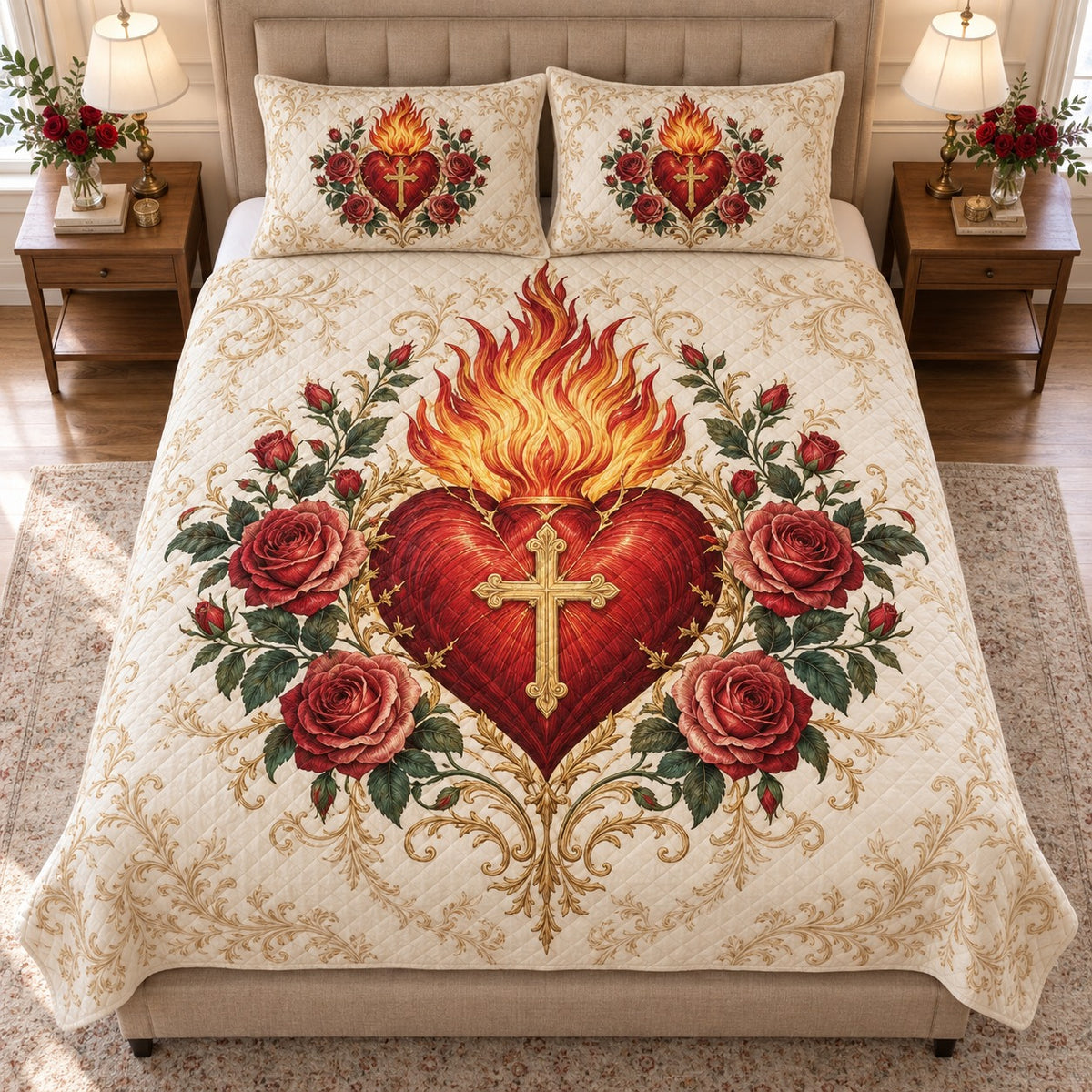 Front view of Sacred Heart red rose quilt set with diamond stitching