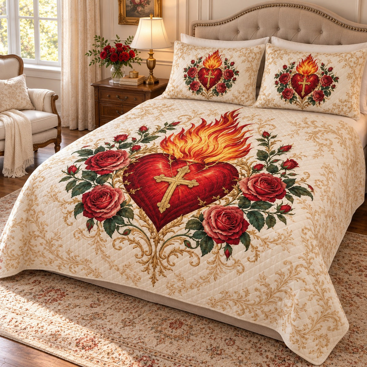 Angled view of Sacred Heart red rose quilt set with matching shams