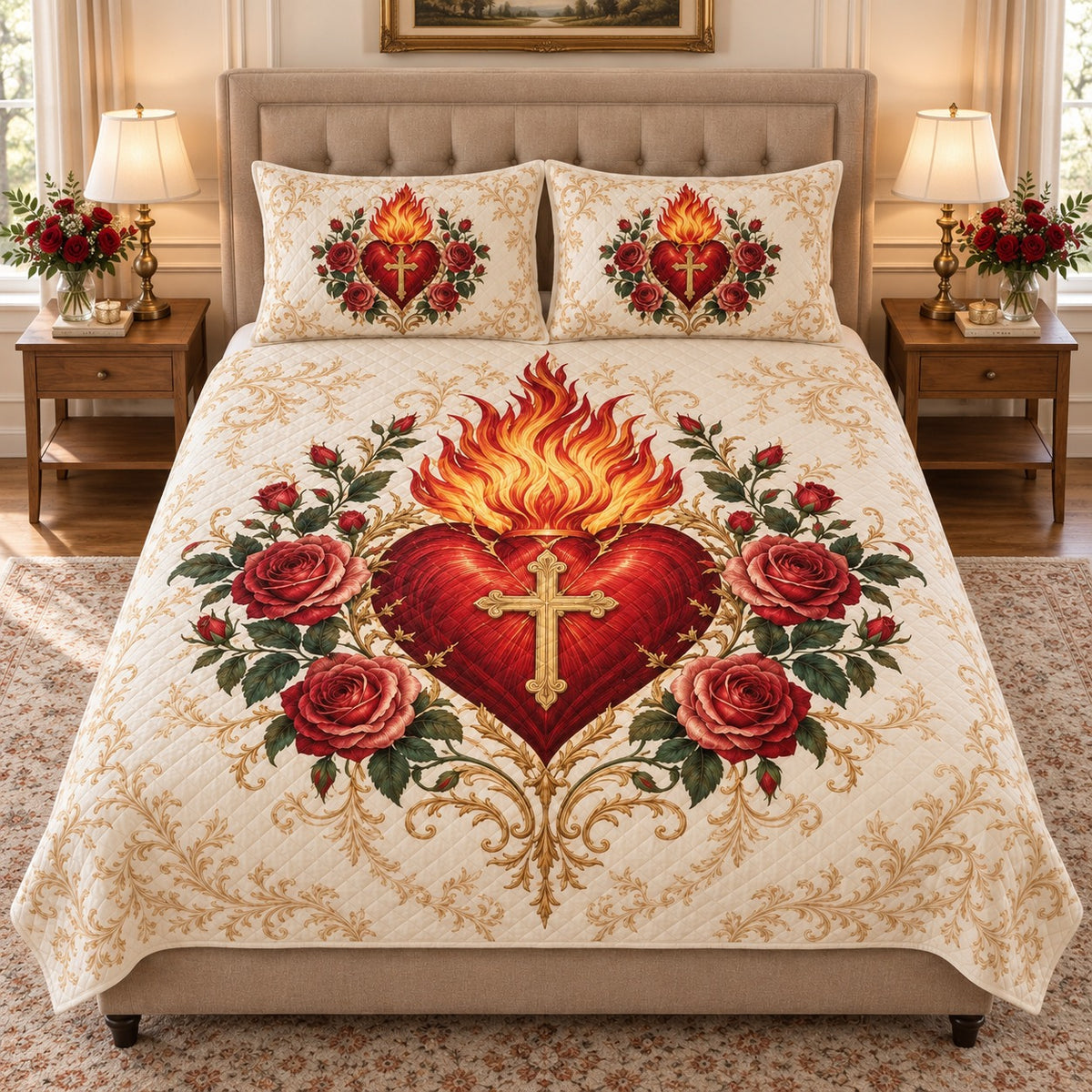 Alternate front view of Sacred Heart red rose quilt set and cream gold scrollwork