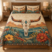 Southwestern Floral Longhorn Skull Quilt Set – Boho Western Gift — front hero view