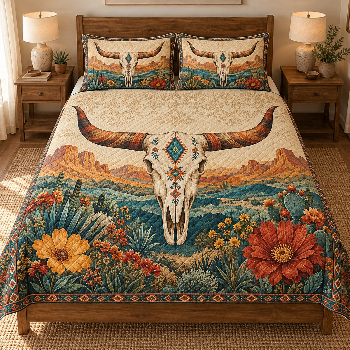 Southwestern Floral Longhorn Skull Quilt Set – Boho Western Gift — front hero view