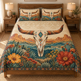 Southwestern Floral Longhorn Skull Quilt Set – Boho Western Gift