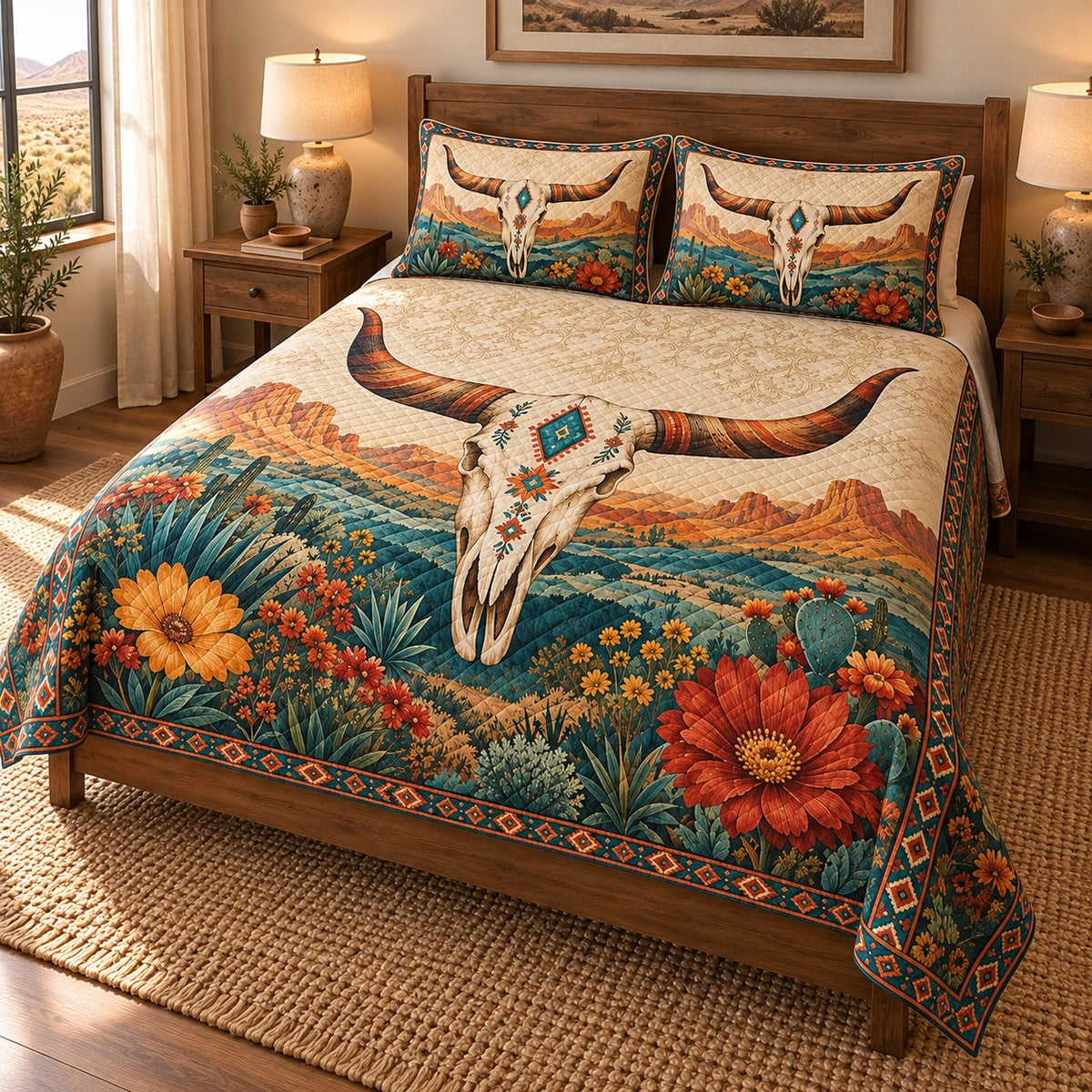 Southwestern Floral Longhorn Skull Quilt Set – Boho Western Gift — left angle view