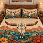 Southwestern Floral Longhorn Skull Quilt Set – Boho Western Gift — right angle view