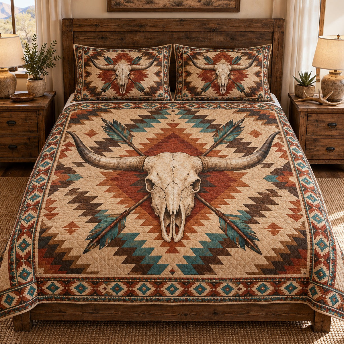 Southwestern Longhorn Skull Geometric Quilt Set – Western Décor Gift — front hero view