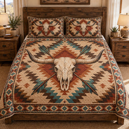 Southwestern Longhorn Skull Geometric Quilt Set – Western Décor Gift
