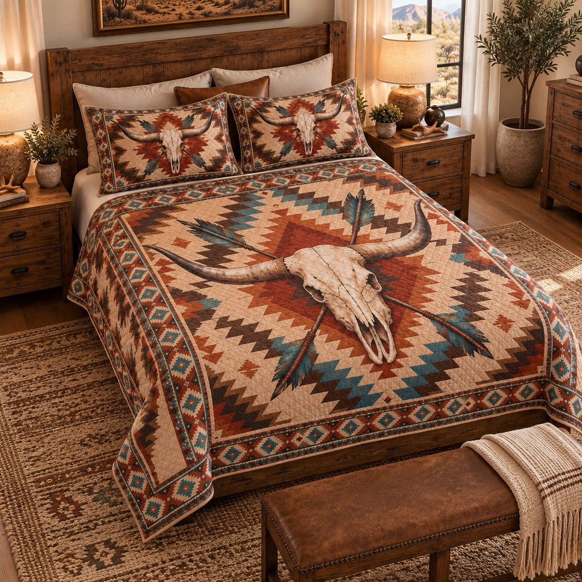 Southwestern Longhorn Skull Geometric Quilt Set – Western Décor Gift — left angle view