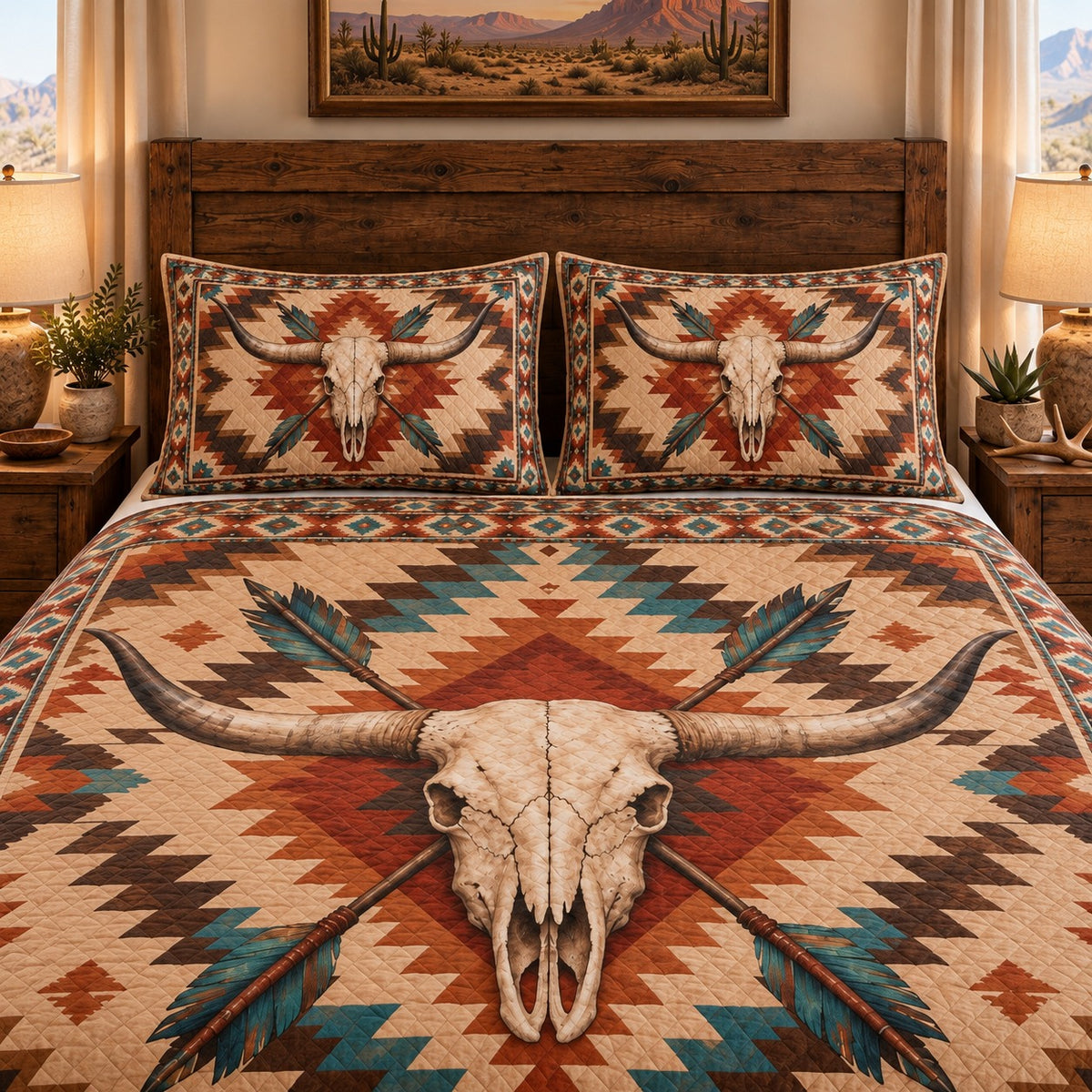 Southwestern Longhorn Skull Geometric Quilt Set – Western Décor Gift — right angle view