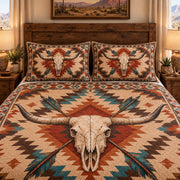 Southwestern Longhorn Skull Geometric Quilt Set – Western Décor Gift — right angle view