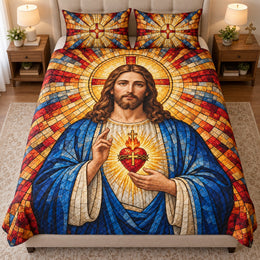 Stained Glass Sacred Heart Quilt Set – Christian Bedding Gift for Jesus Devotees