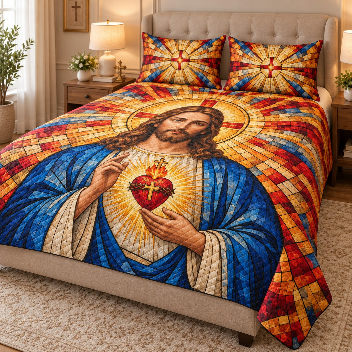 Opposite angled view of stained glass Sacred Heart quilt set in red gold and blue
