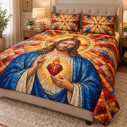 Opposite angled view of stained glass Sacred Heart quilt set in red gold and blue