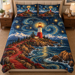 Starry Lighthouse Quilt Set – Coastal Bedroom Gift for Lighthouse Lovers