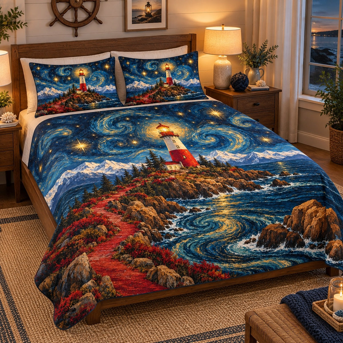 Angled view of starry lighthouse quilt set coastal bedding gift for lighthouse lovers with matching shams