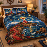 Angled view of starry lighthouse quilt set coastal bedding gift for lighthouse lovers with matching shams