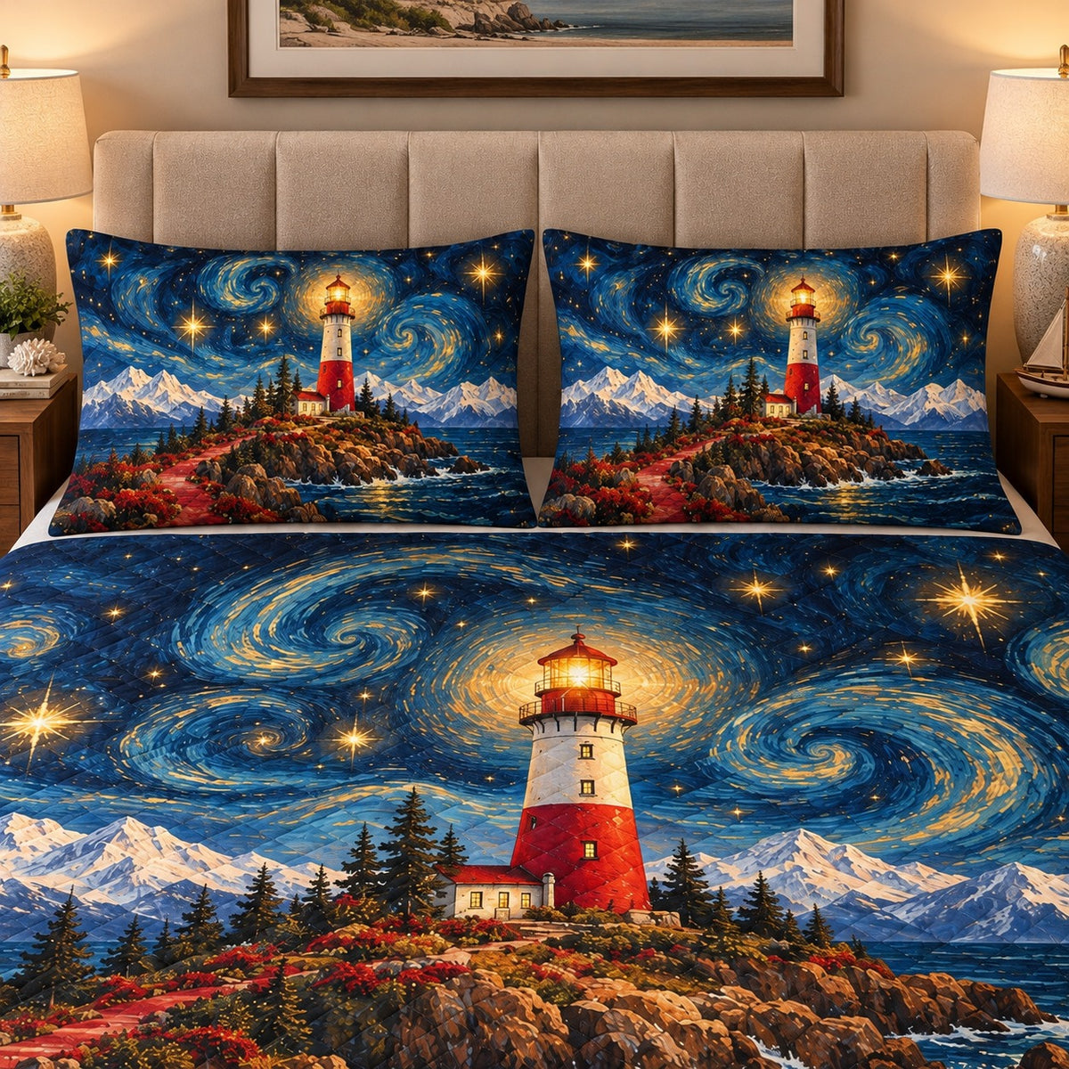 Alternate view of starry lighthouse quilt set coastal bedding gift for lighthouse lovers with diamond stitching