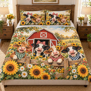 Sunflower farm cow family quilt set – front view