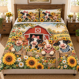Sunflower Farm Cow Family Quilt Set – Cheerful Farmhouse Bedding Gift