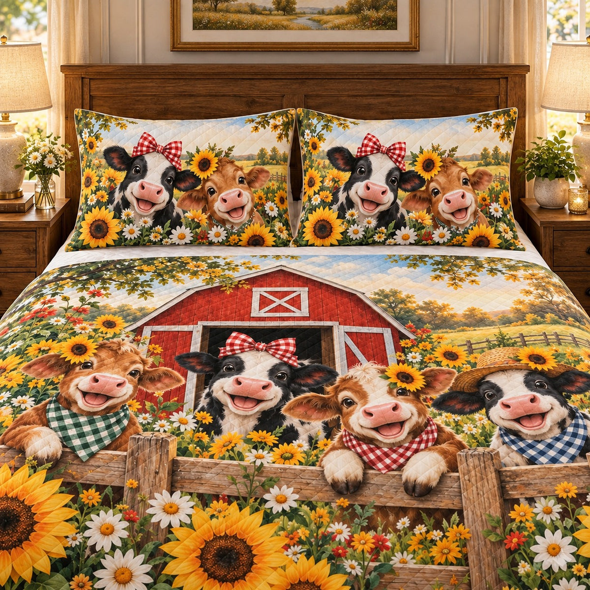 Sunflower farm cow family quilt set – left angle