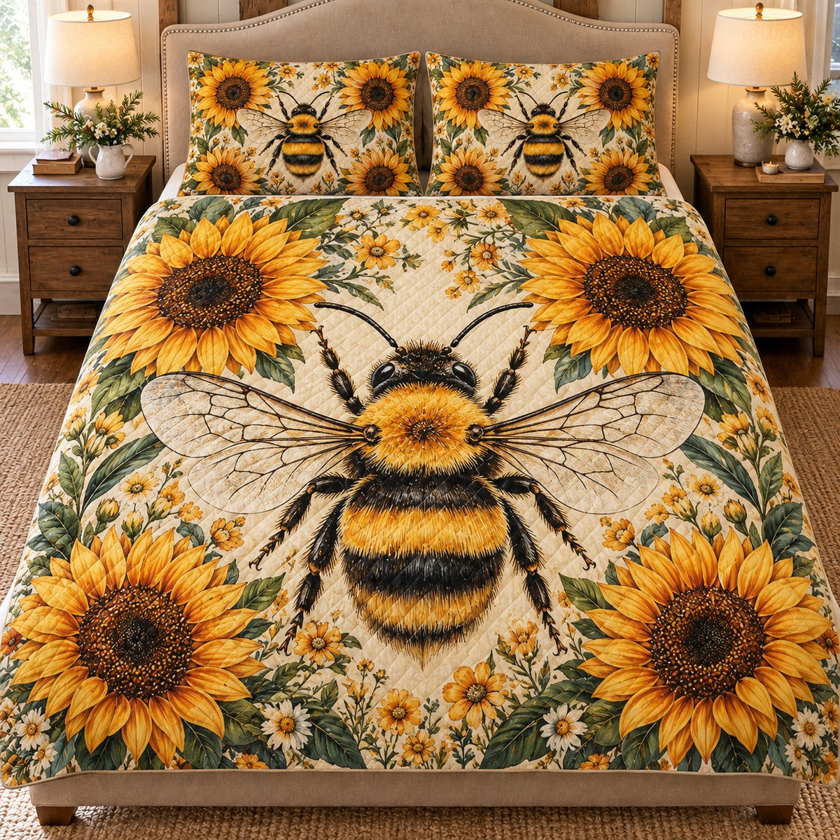 Sunflower honey bee quilt set – front view