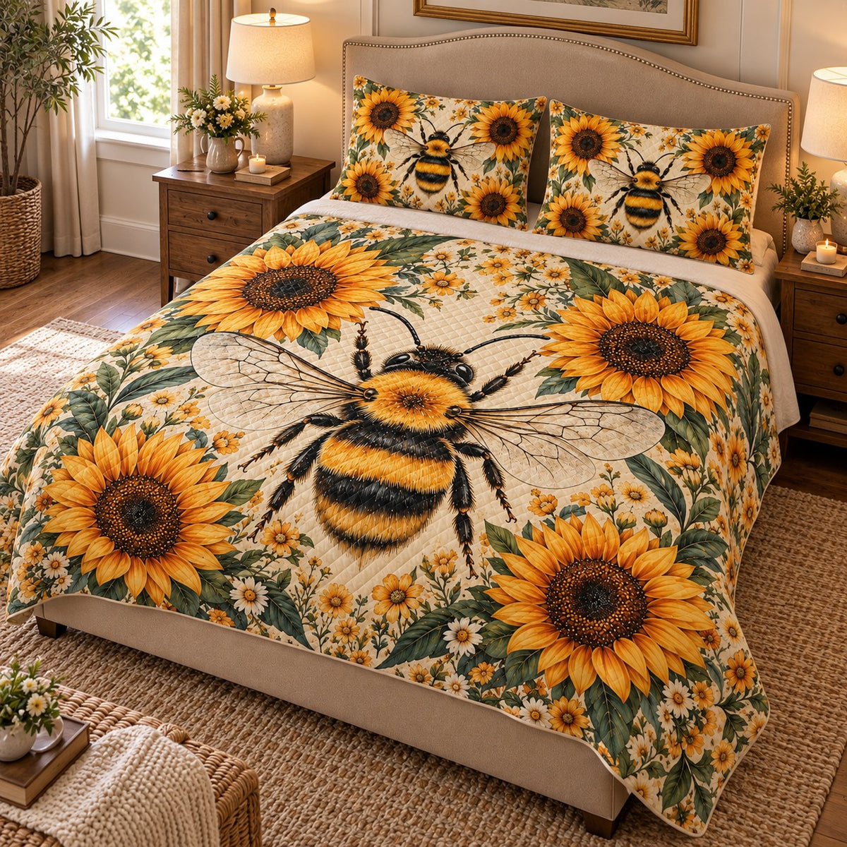 Sunflower honey bee quilt set – left angle