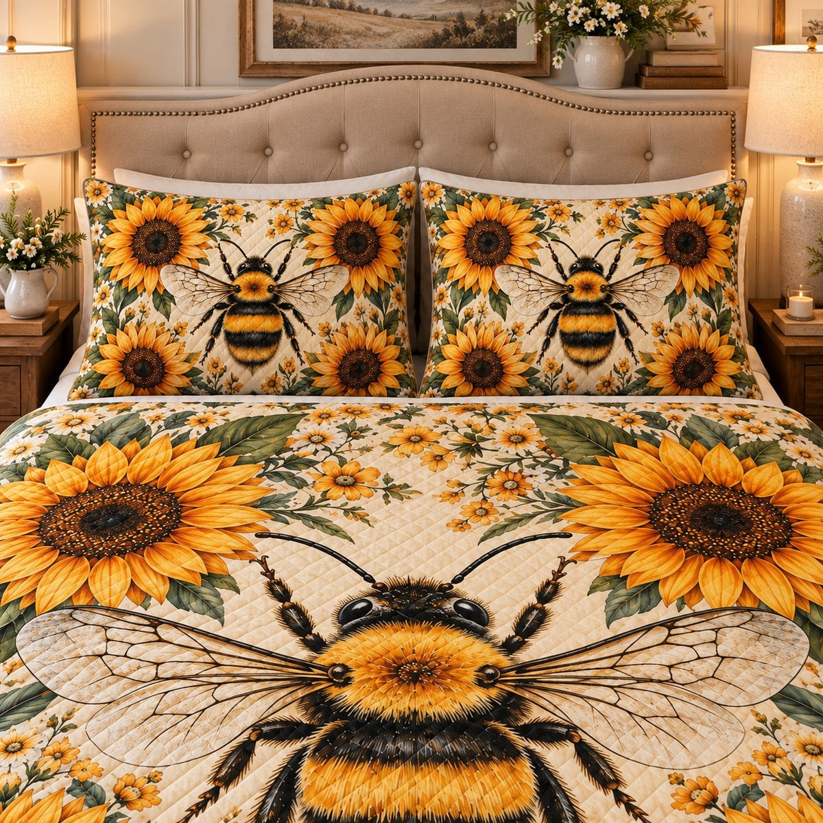 Sunflower honey bee quilt set – right angle