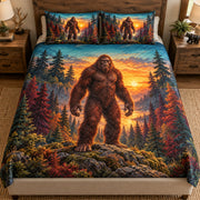 Front view of sunset bigfoot forest quilt set rustic bedding gift for sasquatch fans with diamond stitching