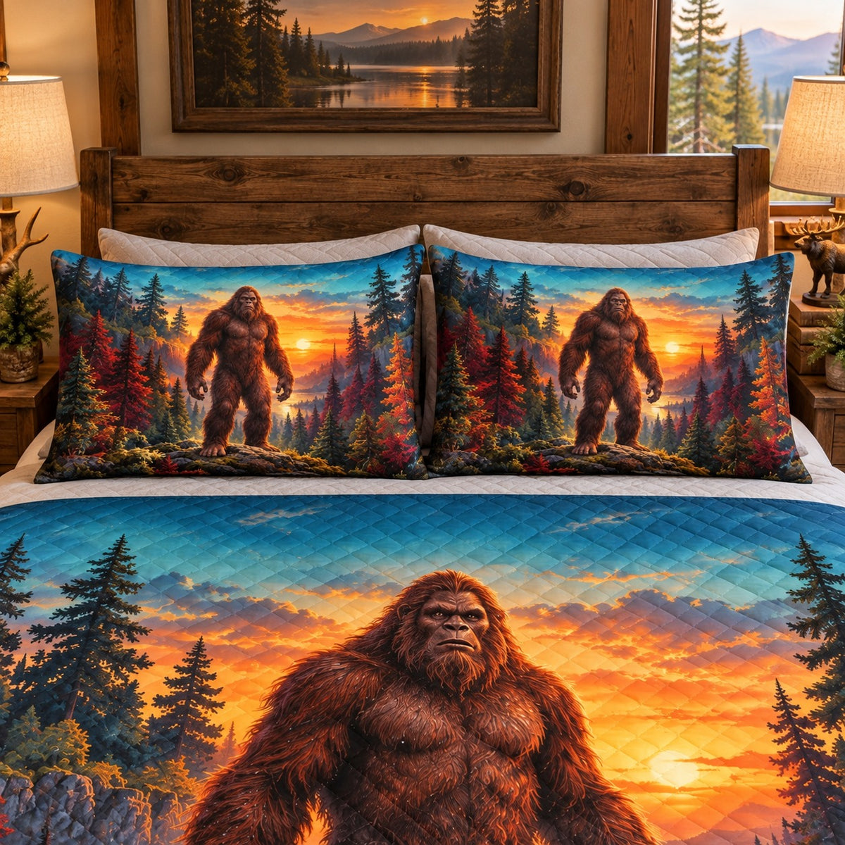 Angled view of sunset bigfoot forest quilt set rustic bedding gift for sasquatch fans with matching shams
