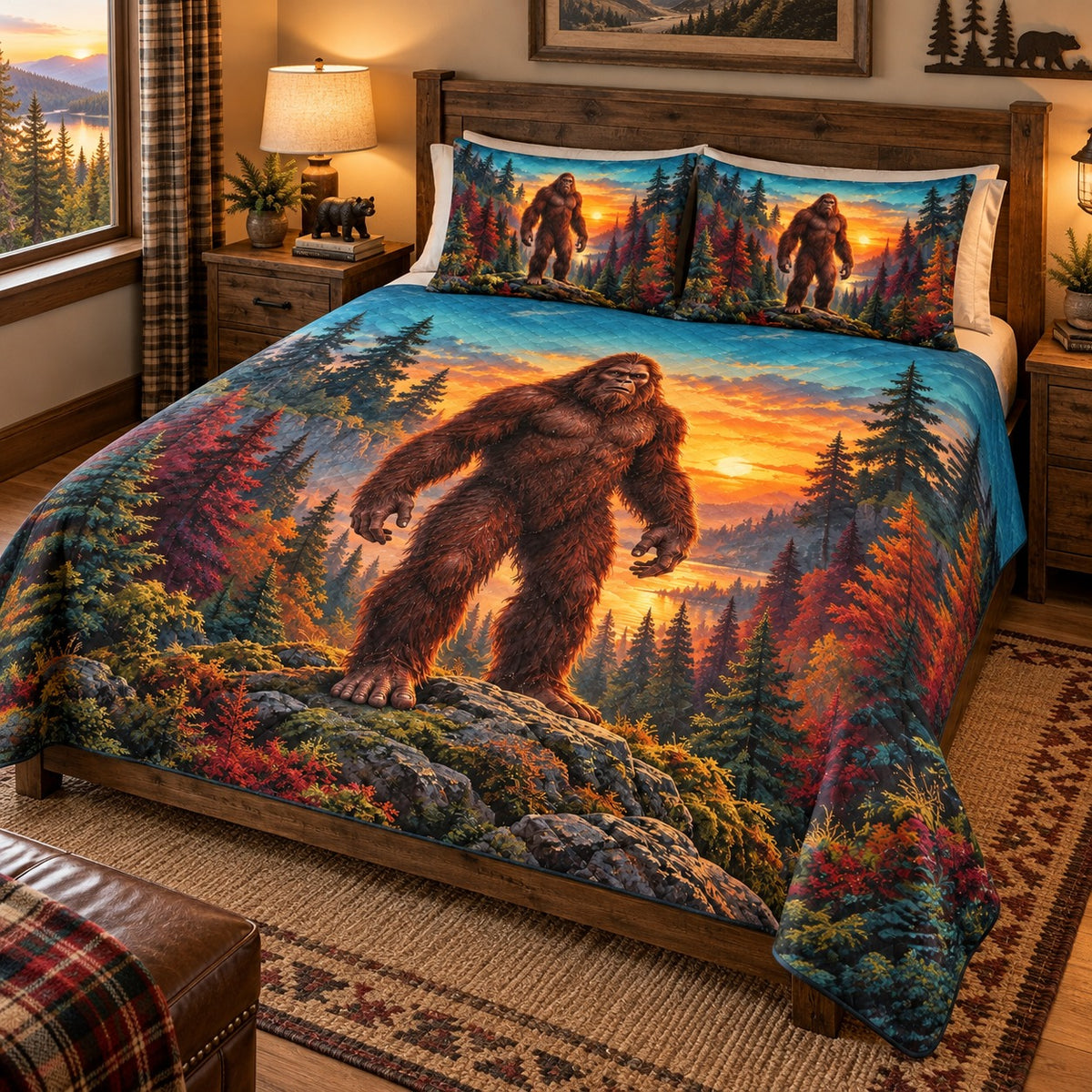Alternate view of sunset bigfoot forest quilt set rustic bedding gift for sasquatch fans with diamond stitching