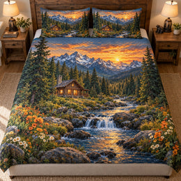 Sunset Mountain Cabin Quilt Set – River Forest Bedding Gift for Cabin Lovers