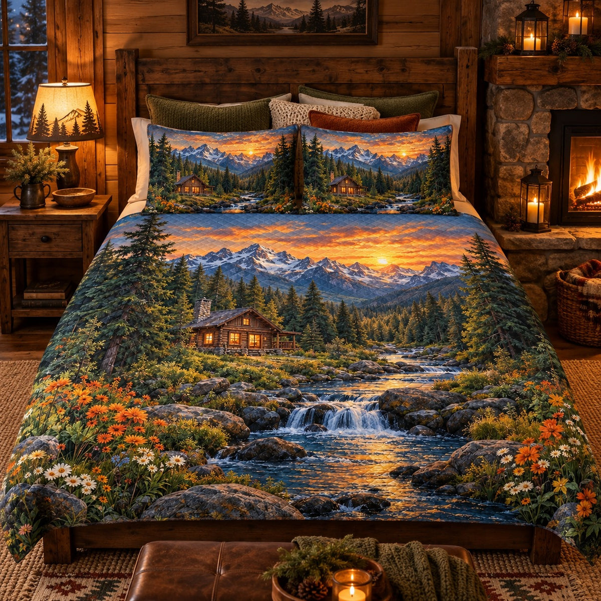 Sunset mountain cabin quilt set – alternate front bedroom view