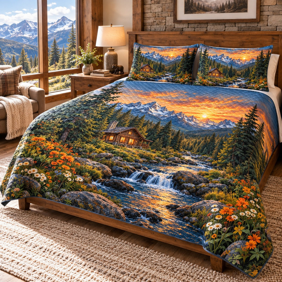 Sunset mountain cabin quilt set – angled bedroom view