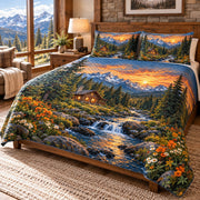 Sunset mountain cabin quilt set – angled bedroom view