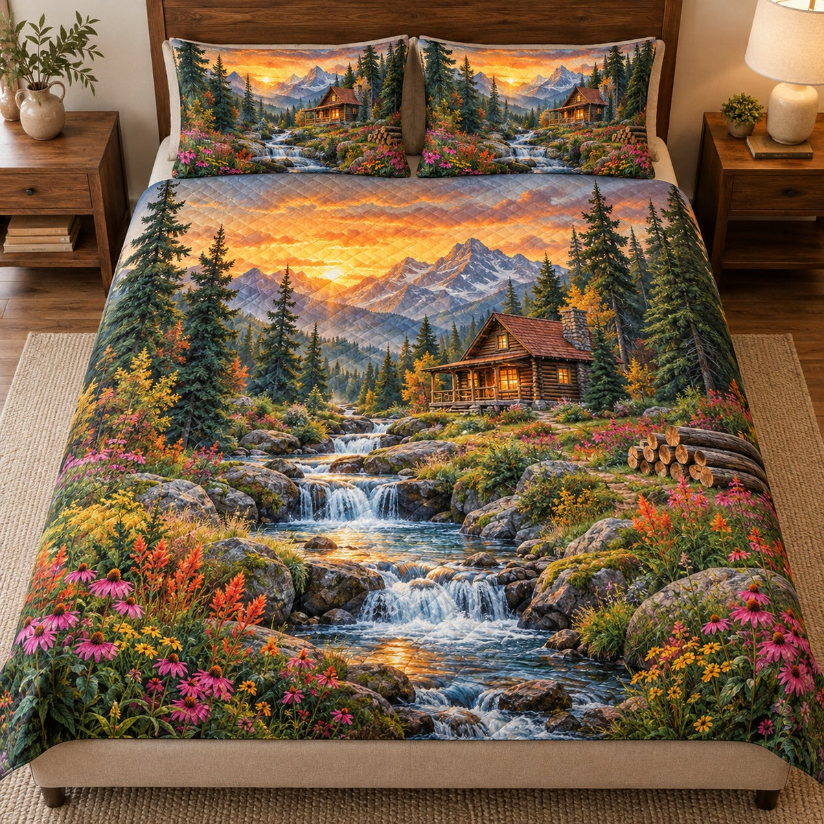 Front view of sunset wildflower cabin quilt set with mountain stream and diamond stitching