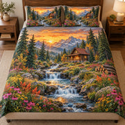 Front view of sunset wildflower cabin quilt set with mountain stream and diamond stitching